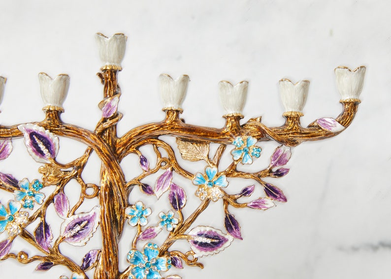 Jewish Hanukkah Menorah Tree of life floral designed White