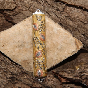 Mezuzah Case Bless This House With Pomegranate Tree Design Crafted in Heavy Brass Door Mezuza Case 4&quot; Israel Judaica &quot;Sunset Orange&quot; color