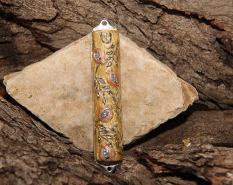 Pomegranate Tree Mezuzah Case: Enameled Pewter Judaica, 4"