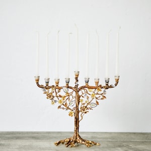 Jewish Hanukkah Menorah Candle Holder With Flower On Vine, Hand Painted Embellished with Crystals Metal Made. 7.5 High on 9 Long Gold image 6