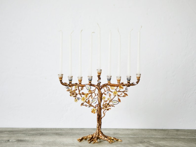 Jewish Hanukkah Menorah Candle Holder With Flower On Vine, Hand Painted Embellished with Crystals Metal Made. 7.5 High on 9 Long Gold image 6