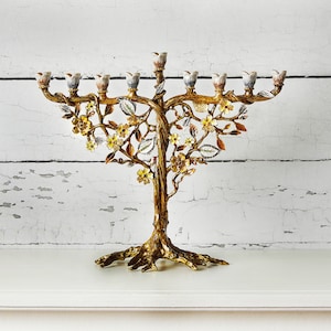 Jewish Hanukkah Menorah Candle Holder With Flower On Vine, Hand Painted Embellished with Crystals Metal Made. 7.5 High on 9 Long Gold image 8