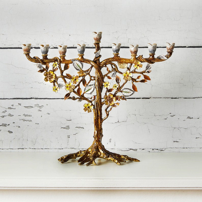 Jewish Hanukkah Menorah Candle Holder With Flower On Vine, Hand Painted Embellished with Crystals Metal Made. 7.5 High on 9 Long Gold image 8