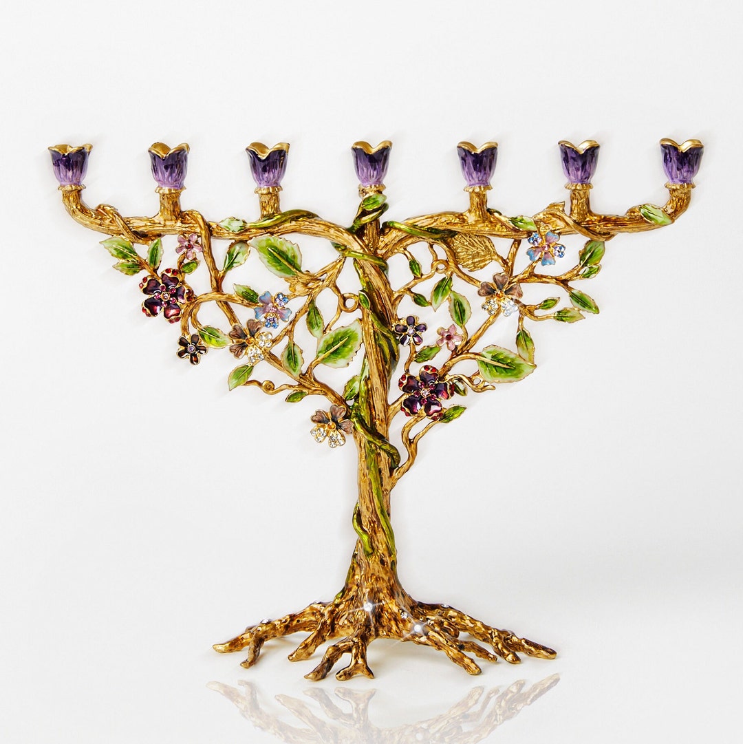 Ménorah Chandelier à 7 Branches Judaïque - 16x16 Cm, En étain Poli, Gravures Symboliques, Décoration Ou Cadeau De Hanoukka