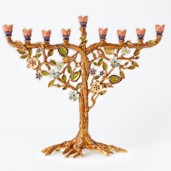 Jewish Hanukkah Menorah, Flower On Vine. Hand Painted Embellished with Crystals, Housewarming, Home, Chanukah Gift. Judaica, 7.5" H on 9" L