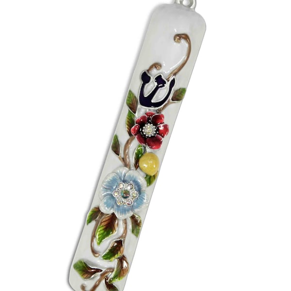 Flowers on A Vine MEZUZAH CASE 5" Exquisite Cover for Mezuzah Scroll Made with strong Materials Hand Enameled and Hand Set with Crystals