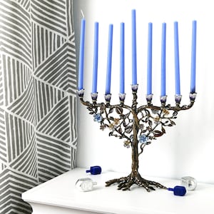 Hanukkah Menorah Jewish Candle Holder Flower On Vine, Hand Painted Embellished with Crystals Made from Strong Materials 7.5&quot; H X 9&quot; L