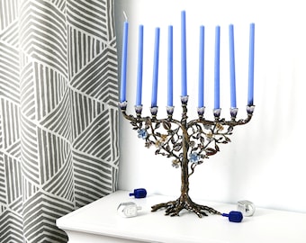 Hanukkah Menorah Jewish Candle Holder Flower On Vine, Hand Painted Embellished with Crystals Made from Strong Materials 7.5" H X 9" L