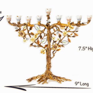 Jewish Hanukkah Menorah Candle Holder With Flower On Vine, Hand Painted Embellished with Crystals Metal Made. 7.5 High on 9 Long Gold image 10