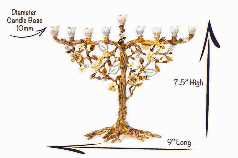 Jewish Hanukkah Menorah Candle Holder With Flower On Vine, Hand Painted Embellished with Crystals Metal Made. 7.5 High on 9 Long Gold image 10