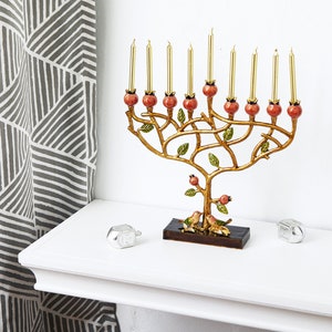 Pomegranate Hanukkah Menorah Jewish Home Gift Handmade & Hand Painted Unique Art Judaica Spiritual Sign 9 Branches 8"L\7"H| Fit 8mm Candles