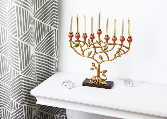 Hand Painted Pomegranate Hanukkah Menorah | Jewish Gift, Fits 8mm Candles