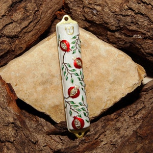 Mezuzah Case | Mezuzah Cover Pomegranate Tree Design Crafted in Brass, Door Mezuza Case 4" White Rainbow Series Hand-Painted and Crafts
