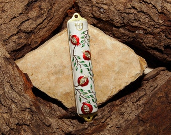 Mezuzah Case | Mezuzah Cover Pomegranate Tree Design Crafted in Brass, Door Mezuza Case 4" White Rainbow Series Hand-Painted and Crafts