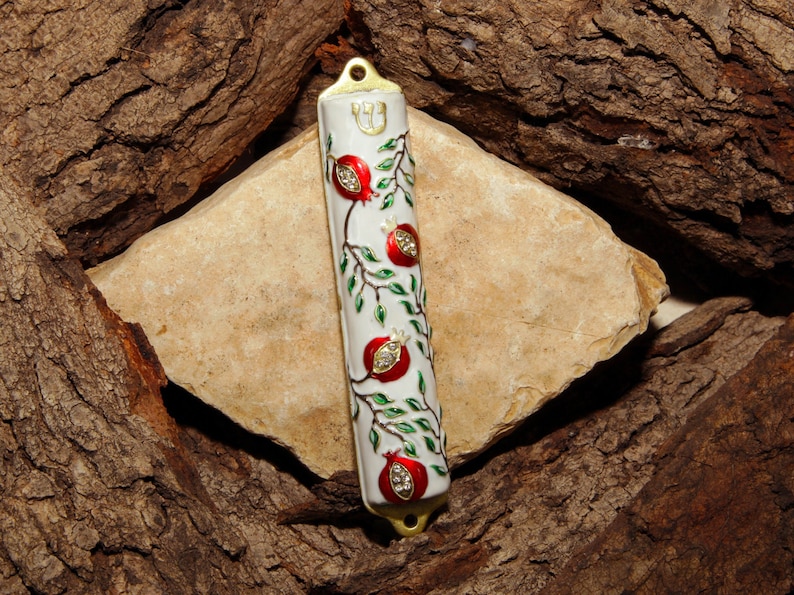 Mezuzah Case | Mezuzah Cover Pomegranate Tree Design Crafted in Brass, Door Mezuza Case 4 White Rainbow Series Hand-Painted and Crafts