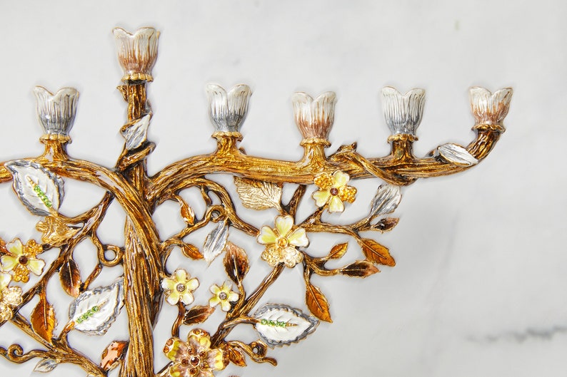 Jewish Hanukkah Menorah Candle Holder With Flower On Vine, Hand Painted Embellished with Crystals Metal Made. 7.5 High on 9 Long Gold image 7