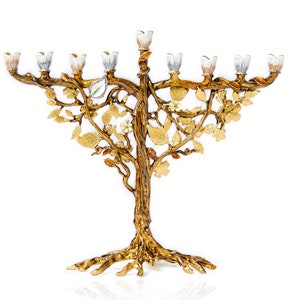 Jewish Hanukkah Menorah Candle Holder With Flower On Vine, Hand Painted Embellished with Crystals Metal Made. 7.5 High on 9 Long Gold image 5