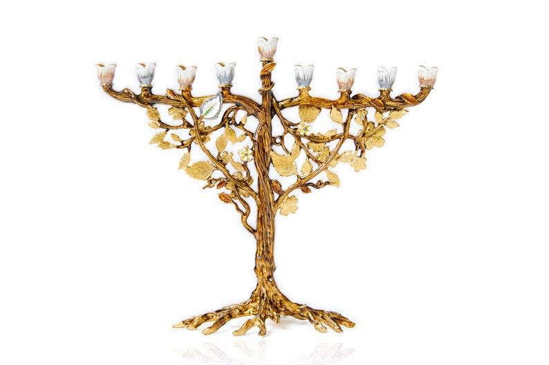 Jewish Hanukkah Menorah Candle Holder With Flower On Vine, Hand Painted Embellished with Crystals Metal Made. 7.5 High on 9 Long Gold image 5