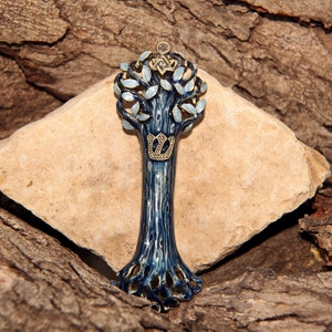 Mezuzah Case Tree of Life Wooden Texture Crafted with Unique Design 4.5&quot; Blue Hand-Painted Home Jewish gift Modern case Cover Scroll