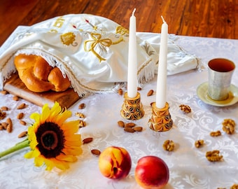 Abstract Shabbat Candle Holders: Double Sided Tea Light & Taper Set