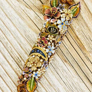 MEZUZAH CASE 5” Blossom Flowers with Non-kosher scroll, Hand Painted Enamel Embellished by Crystals, Indoor & outdoor| Can FIT 4&quot; Scroll