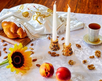 Abstract Shabbat Candle Holders: Double Sided Tea Light & Taper Set