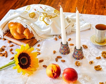 Abstract Shabbat Candlestick Set: Double Sided Tea Light & Taper Holder