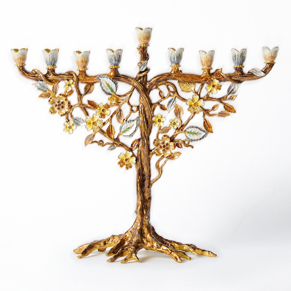 Jewish Hanukkah Menorah Candle Holder With Flower on Vine, Hand Painted Embellished With Crystals Metal Made. 7.5" High on 9" Long | Gold - Etsy