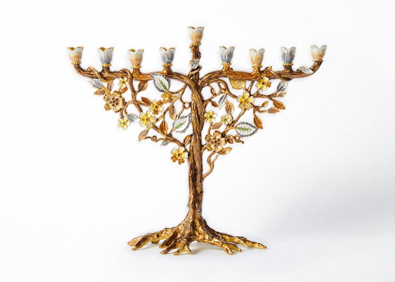 Jewish Hanukkah Menorah Candle Holder With Flower On Vine, Hand Painted Embellished with Crystals Metal Made. 7.5 High on 9 Long Gold image 1