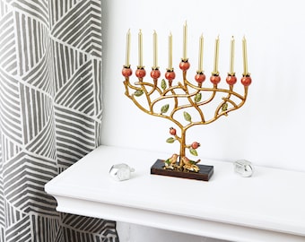 Pomegranate Menorah Gift for the Jewish Home Handmade & Hand Painted Unique Art Judaica 9 Branches  8"L\7"H| Fit 8mm Candles