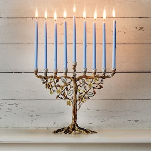 Jewish Hanukkah Menorah Candle Holder With Flower On Vine, Hand Painted Embellished with Crystals Metal Made. 7.5 High on 9 Long Gold image 2