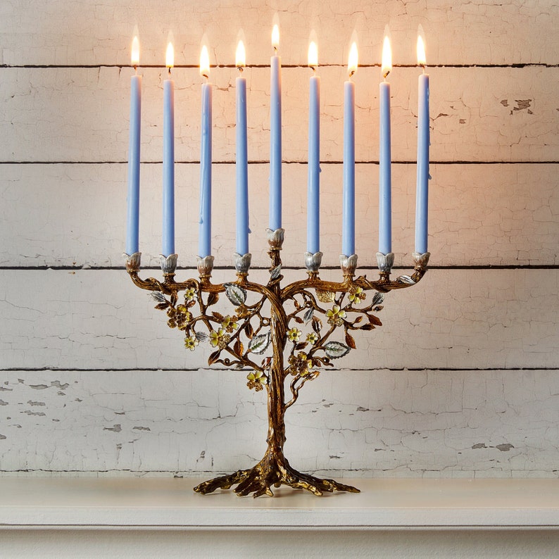 Jewish Hanukkah Menorah Candle Holder With Flower On Vine, Hand Painted Embellished with Crystals Metal Made. 7.5 High on 9 Long Gold image 2