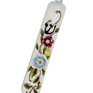 Flowers on A Vine MEZUZAH CASE 5&quot; Exquisite Cover for Mezuzah Scroll Made with strong Materials Hand-Enameled and Hand-Set with Crystals