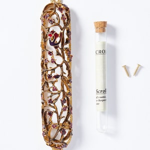 MEZUZAH CASE 6&quot; Grapes on a Vine Exquisite Cover for your Scroll Home Gift Hand Enameled & Set with Crystals. 4&quot; Weatherproof Glass Tube