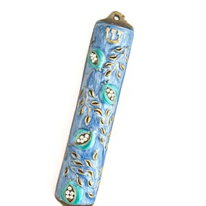 Mezuzah Case Bless This House With Pomegranate Tree Design Crafted in Heavy Brass Door Mezuza Case 4" Israel Judaica