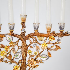 Jewish Hanukkah Menorah Candle Holder With Flower On Vine, Hand Painted Embellished with Crystals Metal Made. 7.5 High on 9 Long Gold image 4