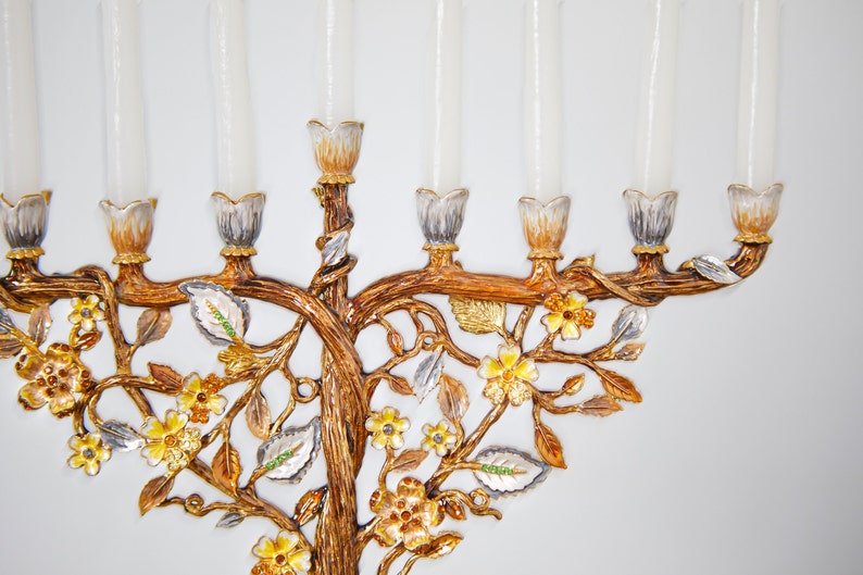 Jewish Hanukkah Menorah Candle Holder With Flower On Vine, Hand Painted Embellished with Crystals Metal Made. 7.5 High on 9 Long Gold image 4