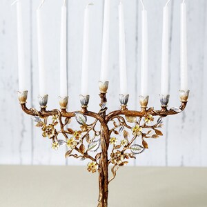 Jewish Hanukkah Menorah Candle Holder With Flower On Vine, Hand Painted Embellished with Crystals Metal Made. 7.5 High on 9 Long Gold image 3