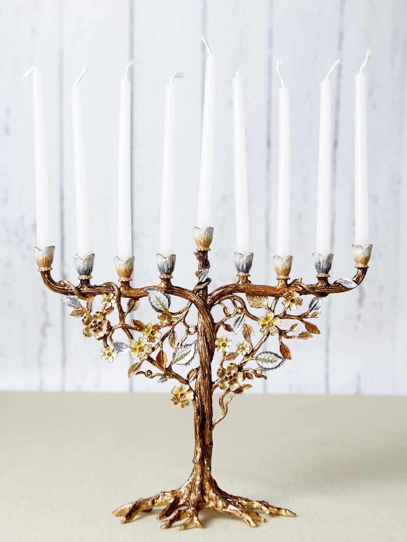 Jewish Hanukkah Menorah Candle Holder With Flower On Vine, Hand Painted Embellished with Crystals Metal Made. 7.5 High on 9 Long Gold image 3