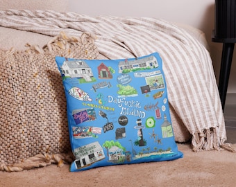 Pillow cover front and back display all things Daufuskie. Available in 18" or 22" square.
