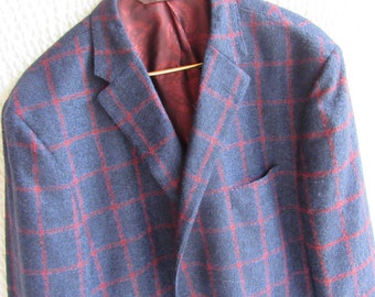 Alpaca Sports Coat Blazer 48 48R Red Blue Windowpane Robert Talbott Vtg Wool