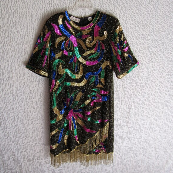 Lawrence Kazar Evening Dress 2X Colorful Gold Frin