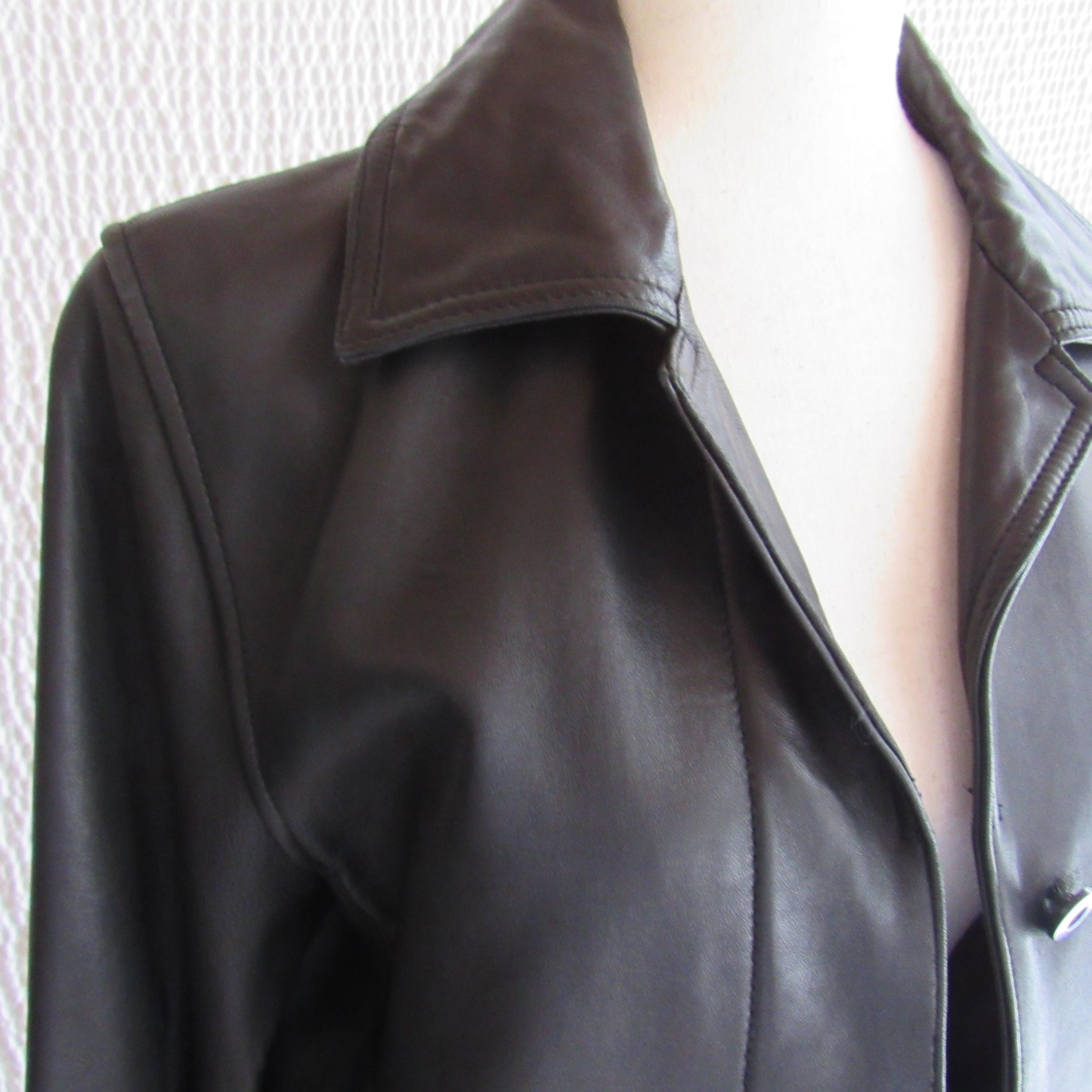 Y2K Lamb Leather Sleek Black Jacket Womens 7/8 S Patchwork Design