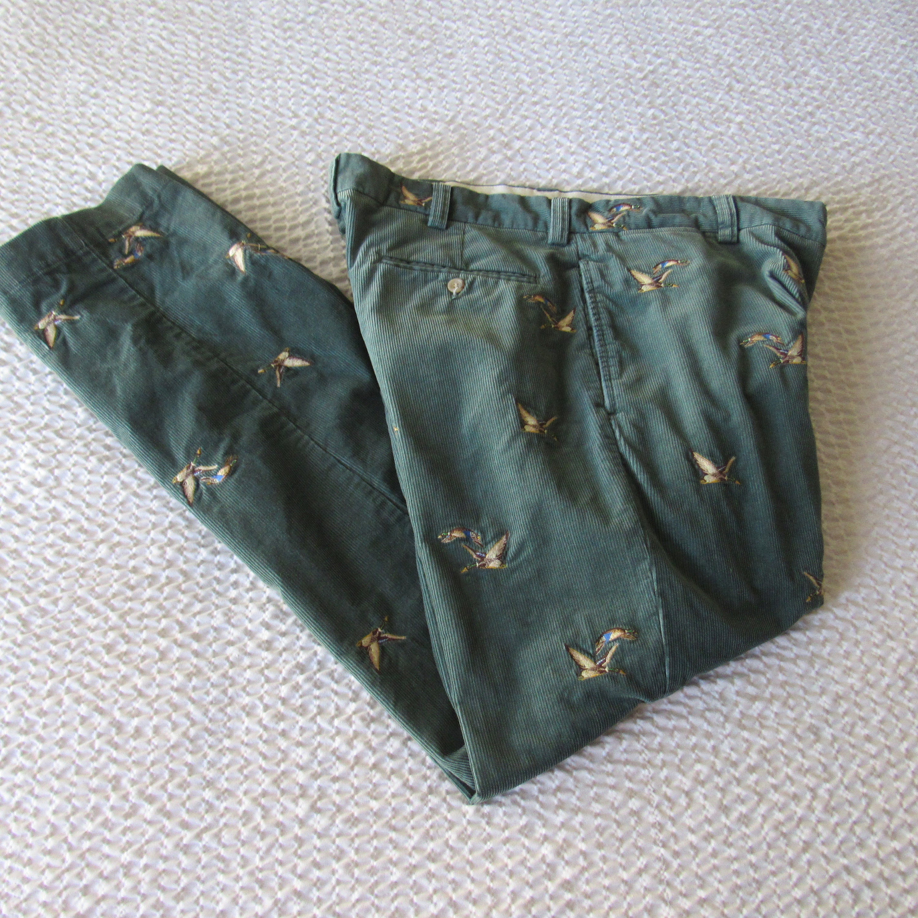Polo Ralph Lauren Green Embroidered Pheasant Birds Cord Pants 34