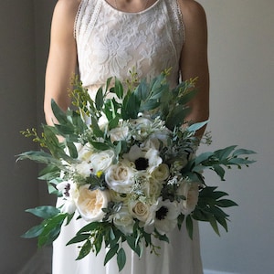 Anemone White Eucalyptus and Greenery Bouquet Brides Ivory White Wedding Bouquet White Ivory Bouquet Flowers Bridal Eucalyptus Wedding Decor