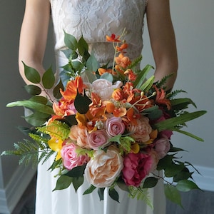 Hot Pink Orange Wedding Bouquet Tropical Green Bouquets Bridal Wedding Peach Orange Pink Bouquets Bridesmaid Faux Flowers Boutonniere