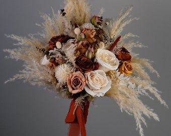 Burnt Orange Natural Preserved Flowers Boho Pampas Bunny Tails Wedding Boho Bridal Bouquet Wedding Bouquet Dried Flowers Bridesmaid Bouquet