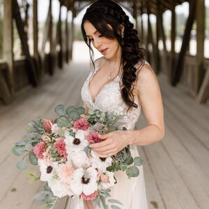 Mauve Anemone Wedding Boho Bridal Bouquet Dusty Rose Wedding Bouquet Dusty Greenery Artificial Faux Flowers Ivory Bridesmaid Bouquet Flowers