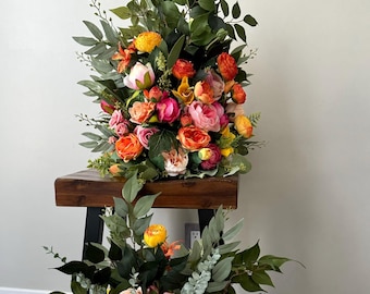 Set of 8 Aisle Flowers Tropical Yellow Hot Pink Rose Floor Arch Arrangement Orange Pink Wedding Aisle Marker Arbor Arrangements Eucalyptus