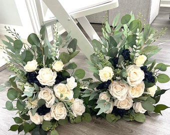 Set of 2 Aisle Flowers Floor Arch Arrangement Wedding Aisle Marker Arbor Arrangements White Navy Flowers Eucalyptus Wedding White Green